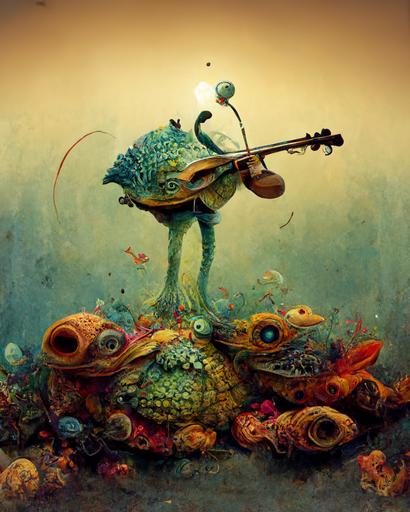 alien fish-turtle musician playing a musical instrument ,cartoon art ,creatures , coral reef, starfish, Jean-Baptiste Monge ,PIXAR ,extreme long shot, --ar 4:5