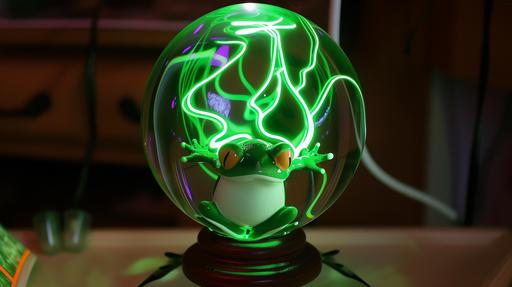 vitreous enamel crystal ball filled with green incandescent plasma that is in the shape of a cute frog --ar 16:9 --v 6.0 --no closeup, portrait, text, font, titles, captions, photo grids, grids, writing