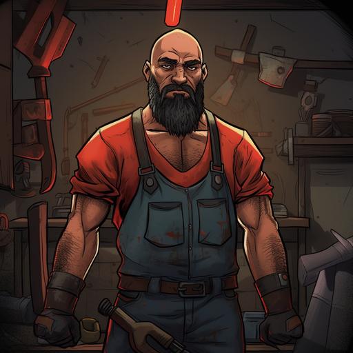 vivid image of a Hispanic blacksmith in his 40s, standing about 5ft 7, in the unique style of cartoon Illustration Art. He has unkempt hair, a red elf cap hat, and captivating red eyes. His face is adorned with a beard, adding to his rugged appearance. The man's muscular body is clad in a dirty work uniform, which includes a dark leather apron over a white shirt, rugged pants, and dirty goggles resting on his forehead. The attire is accented with scorch marks, soot, and sweat, reflecting his profession as a blacksmith. Depict this character with intricate details and fine lines, set against a background that showcases his workshop, complete with a blazing forge, anvil, and various blacksmithing tools. cinematic lighting 4k --v 5