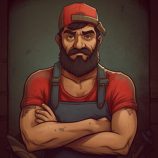 vivid image of a Hispanic blacksmith in his 40s, standing about 5ft 7, in the unique style of cartoon Illustration Art. He has unkempt hair, a red elf cap hat, and captivating red eyes. His face is adorned with a beard, adding to his rugged appearance. The man's muscular body is clad in a dirty work uniform, which includes a dark leather apron over a white shirt, rugged pants, and dirty goggles resting on his forehead. The attire is accented with scorch marks, soot, and sweat, reflecting his profession as a blacksmith. Depict this character with intricate details and fine lines, set against a background that showcases his workshop, complete with a blazing forge, anvil, and various blacksmithing tools. cinematic lighting 4k --v 5