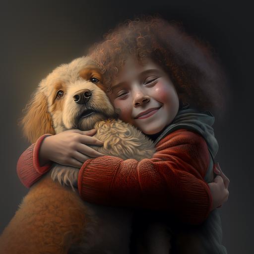 vivid,8k,relistic, A child hugging a pet, happy,