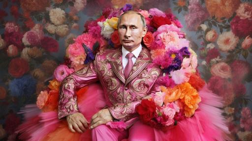 vladimir putin is a flamboyant gay man posing for vogue cover, iconic lgbt, realistic details, ultra high definition, full details, Canon EOS - 1Ds Mark III, Canon EF 15mm, --ar 16:9 --q 2