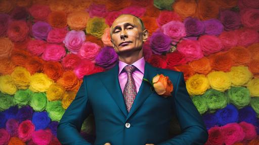 vladimir putin is a flamboyant gay man posing for vogue cover, iconic lgbt, realistic details, ultra high definition, full details, Canon EOS - 1Ds Mark III, Canon EF 15mm, --ar 16:9 --q 2