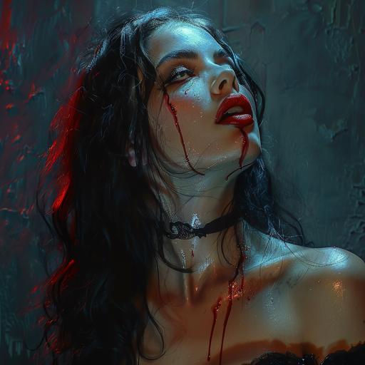 beautiful female vampire in the same posture as the photo provided with head tilted up and tangerine light source from left and teal light from right  — iw 2.0 --s 250