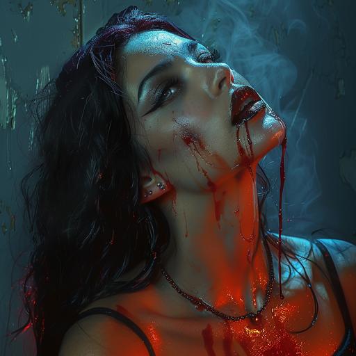 beautiful female vampire in the same posture as the photo provided with head tilted up and tangerine light source from left and teal light from right  — iw 2.0 --s 250