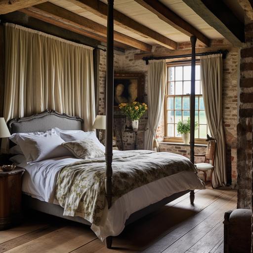 vogue photoshoot of a primary bedroom, english cottage modern mansion with wooden beams and rustic, in the style of debbie criswell, southern countryside. --v 5.1 --s 750