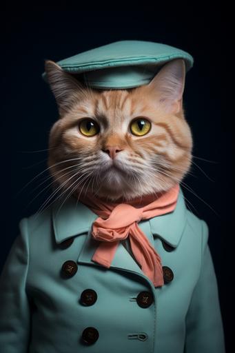 vogue photoshoot of bipedal fat orange tabby cat with a christmas hat in a Wes Anderson outfit in a Wes Anderson movie, Wes Anderson style --ar 2:3