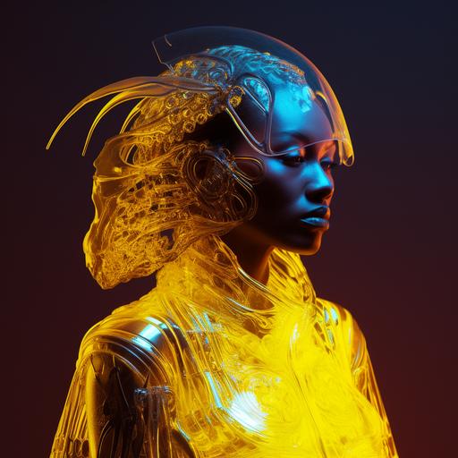 vogue style editorial, a photography portrait, nazgul empress women , halo neon, wings plastic, yellow armor plastic neon, skeleton neon head, transparent plastic ,skeleton helmet neon futuristic, clean background , magazine cover --v 5