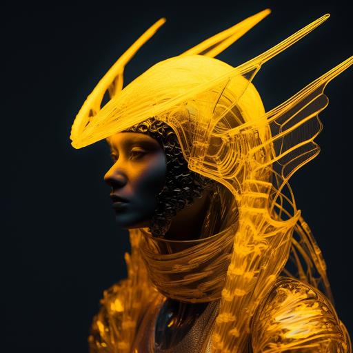 vogue style editorial, a photography portrait, nazgul empress women , halo neon, wings plastic, yellow armor plastic neon, skeleton neon head, transparent plastic ,skeleton helmet neon futuristic, clean background , magazine cover --v 5