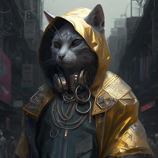 una ciudad cybertpunk humano con cara de gato vestido de rapero hip hop con cadena de oro y lloviendo plata