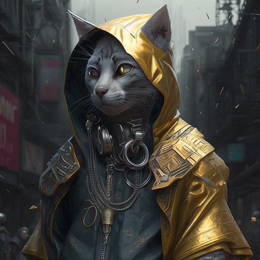 una ciudad cybertpunk humano con cara de gato vestido de rapero hip hop con cadena de oro y lloviendo plata