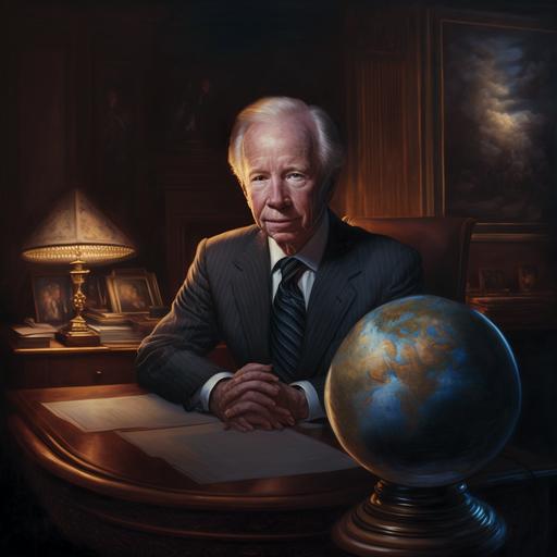 White House Portrait of Joe Lieberman as president of the United States with one hand on a globe and the other holding a fountain pen in a dark room illuminated by a lamp on a small wooden table with a drawer and by a fire place and with barely a visible dark blue carpet, oil painting, detailed, life-like, stoic, warm, regal