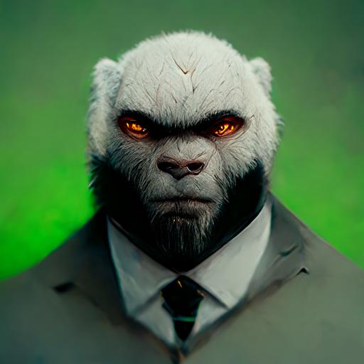 white mountain lion hybrid ape, black suit, tie, green eyes, smile, portrait, full HD 8k, ultra realistic cinematic octane render