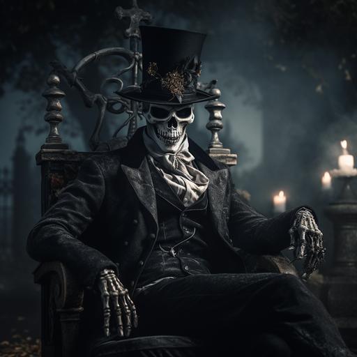 voodoo Baron Samedi, Skull head top hat, male wearing a black suit, wielding a long skull cane, victorian suit, Sit in a cross tombstone cemetery character