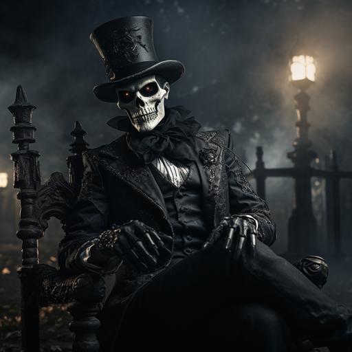 voodoo Baron Samedi, Skull head top hat, male wearing a black suit, wielding a long skull cane, victorian suit, Sit in a cross tombstone cemetery character
