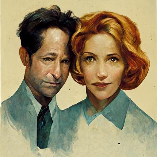 Gillian Anderson and David Duchovny starring in the X-Files in the style of Norman Rockwell