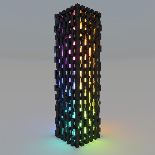 voxel art that is a tall black lattice grid with glowing rainbow 🌈 ✨️ gradient light within --no border frame pop art deco bifrost --v 6.0