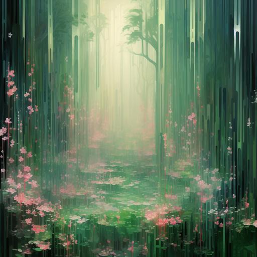 voynich calming lush hazy glade scene, glitching simulation broken scan-lines, dead pixel rain, blurred distorted artifacting color blocking, sage green and pink pixels