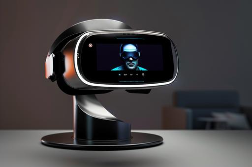 vr headset concept on a stand with a digital display, part matte plastic, with a glass outline   --ar 3:2 --s 50