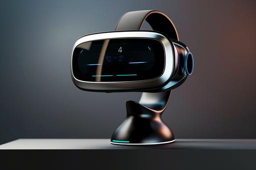 vr headset concept on a stand with a digital display, part matte plastic, with a glass outline   --ar 3:2 --s 50 --v 6.0