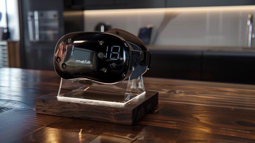 vr headsset on a stand, concept bespoke glass and plastic stand, with a digital clock on the bottom and embosses logo that reads 