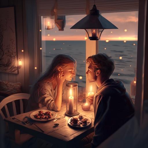 a skinny teen girl kissing a boy while having candle light dinner in a room with a beach view outside the window. Highly realastic image. 8k. ultra clear