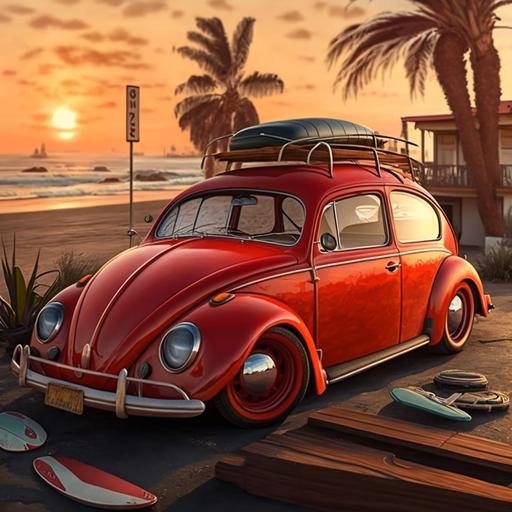 vw sedan rojo con un atardecer y una tabla de surf