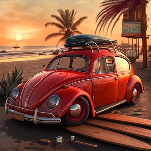 vw sedan rojo con un atardecer y una tabla de surf