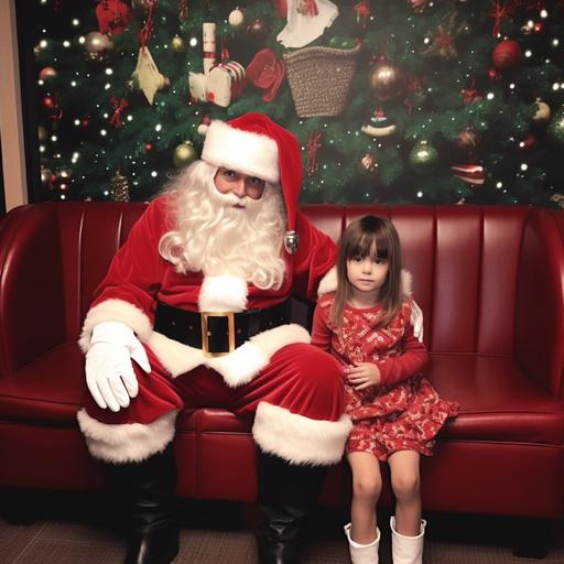 w/ the same little girl who has bangs cut straight across her head but santa is super creepy with all black eyes, claws and a filthy dunkin donuts styrofoam cup in one hand