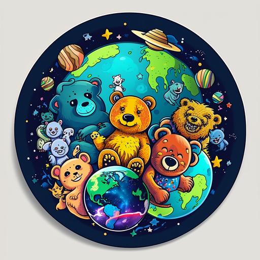 wacky planet full of bears cute doodle, cartoon, ultra detailed, sticker
