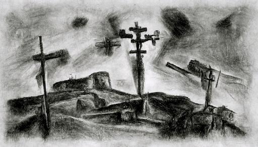 cross made out of two ar15 rifles on Golgotha hill moody cloudy landscape with light rays religious charcoal drawing --ar 16:9