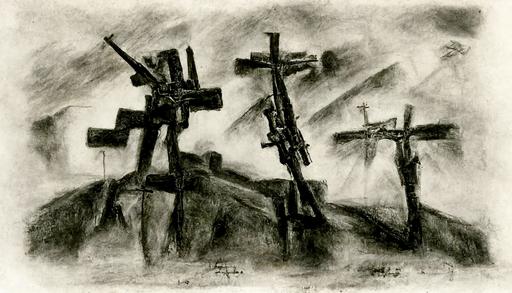cross made out of two ar15 rifles on Golgotha hill moody cloudy landscape with light rays religious charcoal drawing --ar 16:9