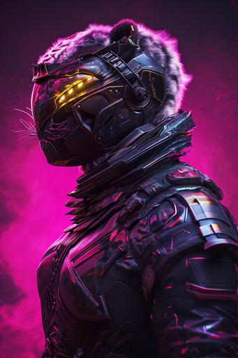 wakandan warrior wearing a white tiger faux fur tribute spacesuit, god rays, pink and yellow neon highlights, photorealistic, intricate details, portrait, ultra-realistic --ar 2:3 --v 6.0