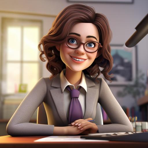 realistic accountant woman, smiling cartoon cgi sitting in the office --v 5.1