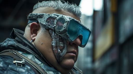walking in a futuristic city, portrait of a fat man wearing google glass, with skin made of burned paper, short blue hair, , very detailed, very realistic, intricate technologic details, garment techno design,, Photorealism, finely detailed skin, realistic skin, hyper-realism, cinematic lighting, photorealistic, dramatic lighting, illuminated face lighting, Cannon EOS 5D Mark III, 85mm, volumetric lighting, --ar 16:9 --v 5.2