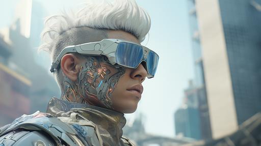 walking in a futuristic city,a fat man wearing google glass, with skin made of burned paper, short blue hair, very detailed, very realistic, intricate technologic details, garment techno design, pastel colors, Photorealism, finely detailed skin, realistic skin, hyper-realism, round sharp catch light, cinematic lighting, photorealistic, unreal engine, ray tracing, octane render, --ar 16:9 --v 5.2