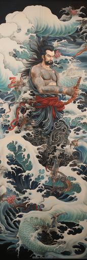 wall art plaque, scagliola painted fit male yakuza full body full back tattoo, dragons, phoenix, temples, koi, koi pond garden, geisha, samurai, japanese gods, ocean, ocean waves --ar 25:75 --stylize 250 --chaos 15