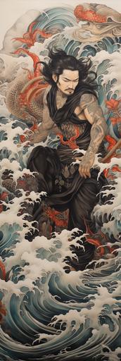 wall art plaque, scagliola painted fit male yakuza full body full back tattoo, dragons, phoenix, temples, koi, koi pond garden, geisha, samurai, japanese gods, ocean, ocean waves --ar 25:75 --stylize 250 --chaos 15