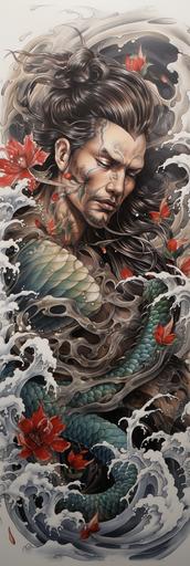 wall art plaque, scagliola painted handsome fit muscles nice pecs yakuza full body full-body tattoo, dragons, phoenix, temples, koi, koi pond garden, geisha, samurai, japanese gods, ocean, ocean waves --ar 25:75 --stylize 250 --chaos 15