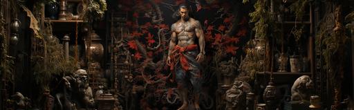 wall art plaque, scagliola painted muscular handsome male with nice pecs nice muscular legs yakuza full-body full body colored in tattoo --stylize 1000 --chaos 15 --ar 16:5