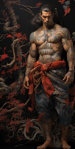 wall art plaque, scagliola painted muscular handsome male with nice pecs nice muscular legs yakuza full-body full body colored in tattoo --stylize 1000 --chaos 15