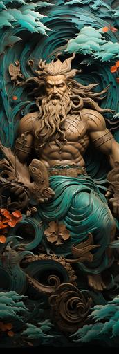 wall art plaque, scagliola painting of muscular handsome male with nice pecs nice muscular legs yakuza full back tattoo completely colored tattoo, dragons, phoenix, temples, koi, koi pond garden, geisha, samurai, japanese gods, ocean, ocean waves, --ar 25:75 --stylize 1000 --chaos 50