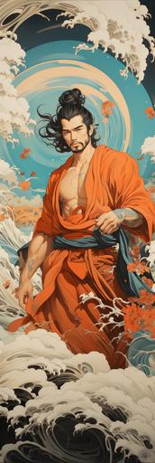 wall art plaque, scagliola painting of muscular handsome male with nice pecs nice muscular legs yakuza full back tattoo completely colored tattoo, dragons, phoenix, temples, koi, koi pond garden, geisha, samurai, japanese gods, ocean, ocean waves, --ar 25:75 --stylize 1000 --chaos 50
