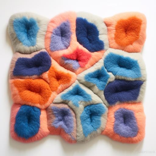 wall hanging made of fluffy brushed wool in dreamy shades of blue, orange, purpole, and pink in a groovy 1970s pattern