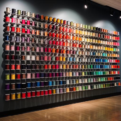 wall of spools of thread for retail display experience for a sock store