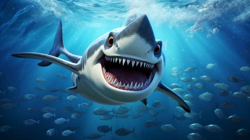 wallpaper QHD angry shark pixar with scary teeth, --ar 16:9