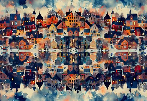 wallpaper abstract symmetrical representation of a far-reaching landscape of mid 1900s America, towns, neighborhoods, distant cities, people, cars, high detail in close ground and background, Japanese watercolor, Thomas Kincade style, Alexandre Cabanel style, 8k, --v 6.0 --ar 16:11