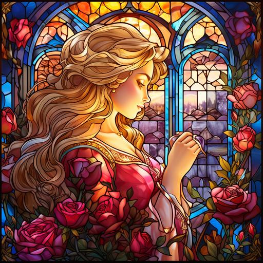 wallpaper background gradient stained glass details roses and medieval princess gold hair in the castle window