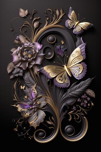 wallpaper magnificent flowers pastel Pearl tone purple , victorian colors and styles, ribbon Butterfly tone gold black with Pearl, splendid composition black background --ar 2:3