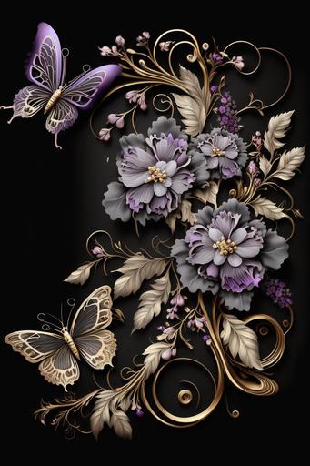 wallpaper magnificent flowers pastel Pearl tone purple , victorian colors and styles, ribbon Butterfly tone gold black with Pearl, splendid composition black background --ar 2:3